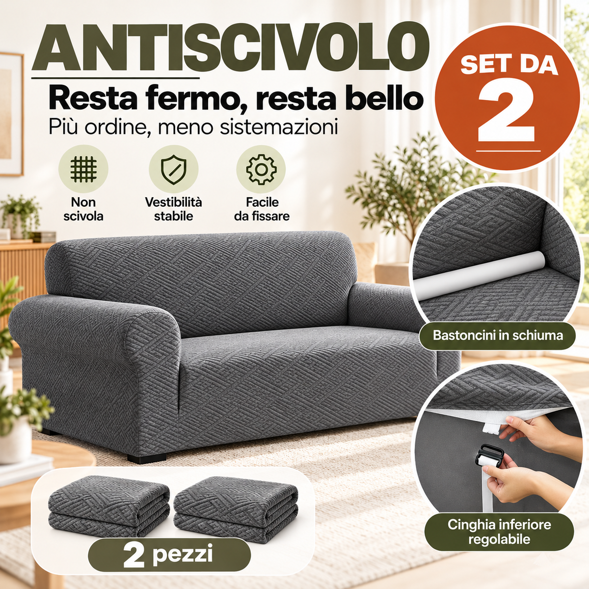 Copridivano Antiscivolo – Set da 2 | Protezione e Stile