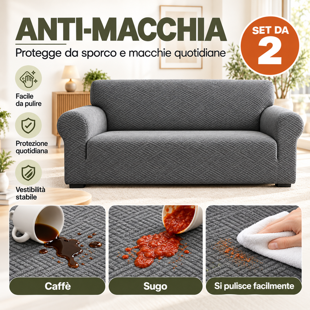 Copridivano Antiscivolo – Set da 2 | Protezione e Stile