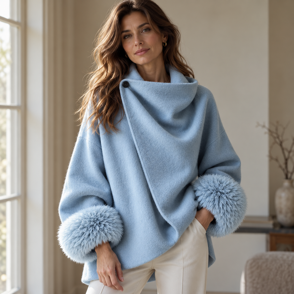 Maglione Celeste™ in Lana - Polsini in Pelliccia